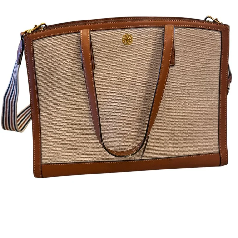 Tory Burch Walker Canvas Satchel in Natural with Striped Strap - Picture 2 of 16